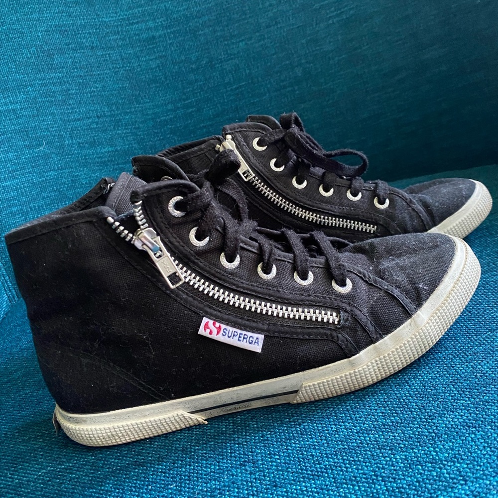 Black high top supergas sneakers with zipper